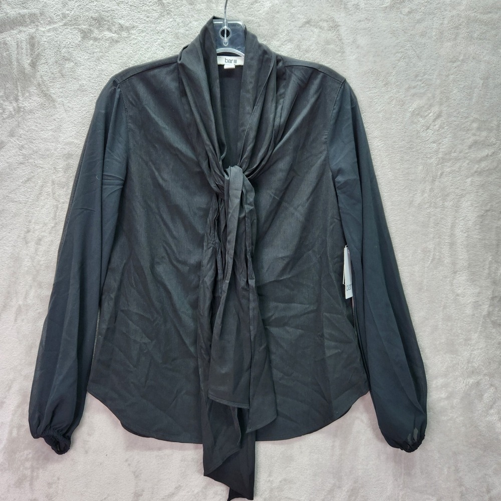 Bar III Blouse Womens XS Black Suit Separates Tie Neck Long Sleeve Career Top